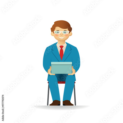 Vector caucasian man character in business suit sitting on chair and holding box