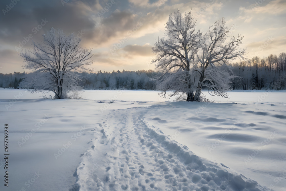 Winter road covered in snow, winding through bare, frosty trees Winter road covered in snow, winding through bare, frosty trees