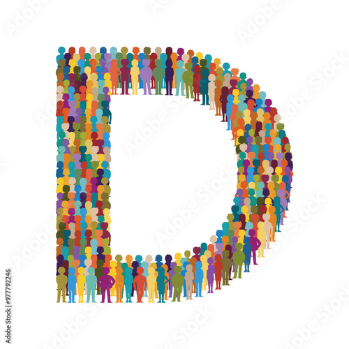 Vector crowd of people in form of capital letter D flat style