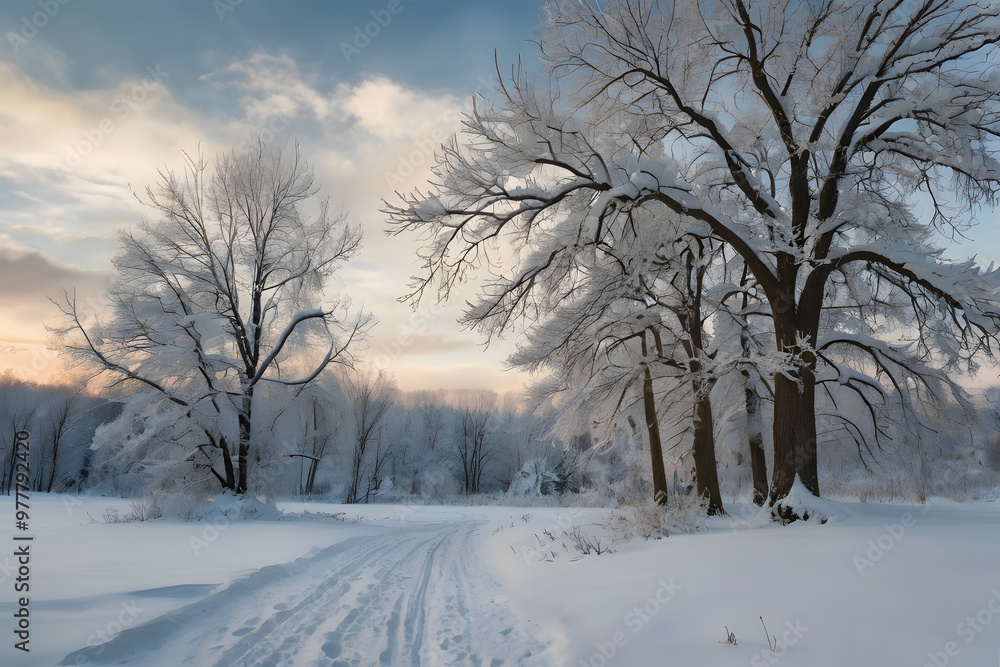 Winter road covered in snow, winding through bare, frosty trees Winter road covered in snow, winding through bare, frosty trees