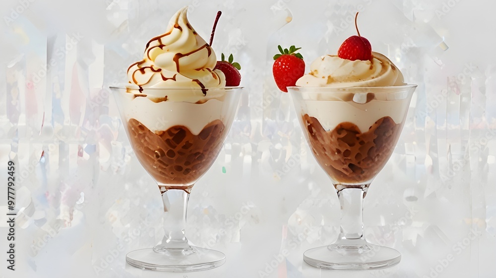 . Elegant Chocolate Ice Cream Sundaes with Whipped Cream and Fresh Strawberries in Glass Bowls, Ideal for Summer Desserts
. Elegant Chocolate Ice Cream Sundaes with Whipped Cream and Fresh Strawberries in Glass Bowls, Ideal for Summer Desserts