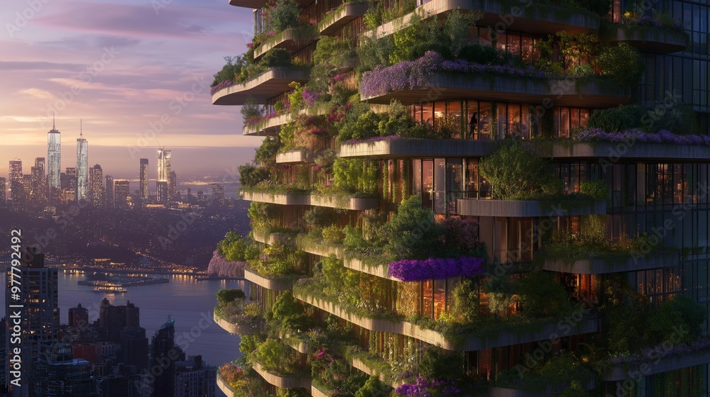 Obraz premium Modern urban building with lush green balconies in a sustainable city against a sunset skyline