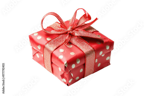 Beautifully wrapped red gift box with white polka dots and a shiny ribbon, perfect for special occasions like birthdays, anniversaries, and holidays.