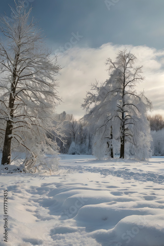 Winter road covered in snow, winding through bare, frosty trees