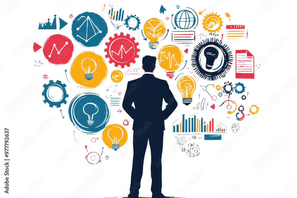 Businessman silhouette with various colorful icons representing ideas, growth, and productivity. Concept of innovation and success. Businessman silhouette with various colorful icons representing ideas, growth, and productivity. Concept of innovation and success.