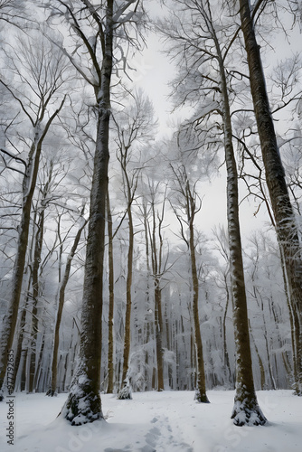 Winter road covered in snow, winding through bare, frosty trees