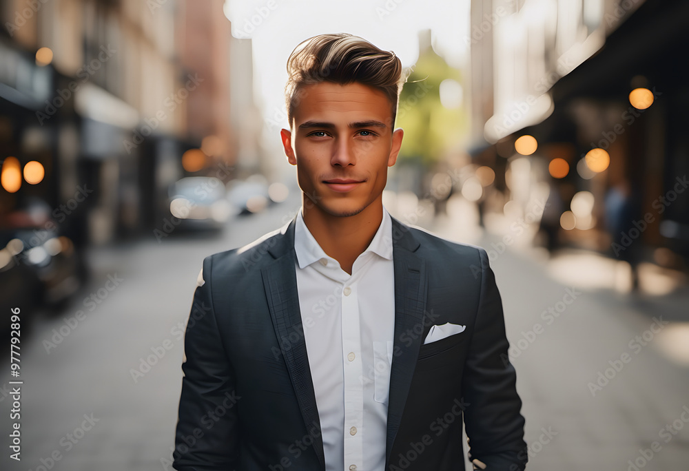 A young man in a stylish suit stands confidently on a city street. The background features blurred pedestrians and cars, creating a lively urban atmosphere. The lighting is warm and inviting. A young man in a stylish suit stands confidently on a city street. The background features blurred pedestrians and cars, creating a lively urban atmosphere. The lighting is warm and inviting.