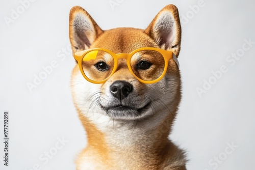 Summer background with a smiling puppy dog Shiba Inu wearing sunglasses and a summer costume, pets summertime, lovely dog on vacation.