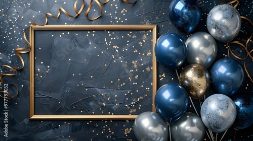 Empty golden frame with blue and silver balloons on a dark background with confetti. Festive flat lay composition for invitation, banner,  marketing material. Party decoration concept with copy space