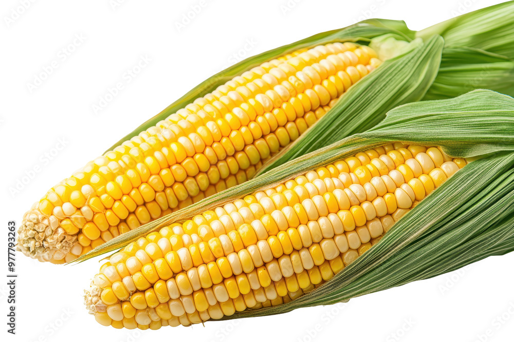 Close-up of two fresh ears of corn with husks on a transparent background. showcasing the vibrant yellow kernels and green leaves. Close-up of two fresh ears of corn with husks on a transparent background. showcasing the vibrant yellow kernels and green leaves.