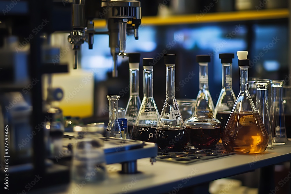 Closeup of beakers and flasks with colorful liquids in laboratory setting. Chemistry science experiment background Closeup of beakers and flasks with colorful liquids in laboratory setting. Chemistry science experiment background