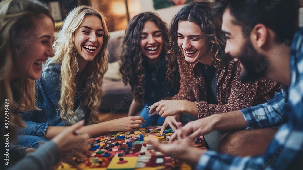 Lively group of young adults enjoying a board game together, creating a warm and joyful atmosphere in a cozy home setting