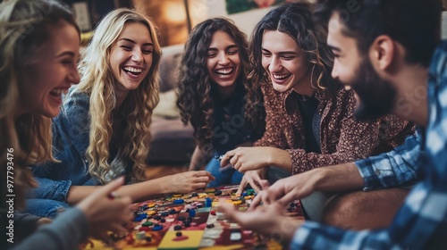 Obraz na płótnie Lively group of young adults enjoying a board game together, creating a warm and joyful atmosphere in a cozy home setting w salonie