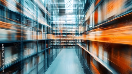 Wallpaper Mural Blurred background of a warehouse with shelves filled with books and modern technology equipment, creating a blurred motion effect Torontodigital.ca