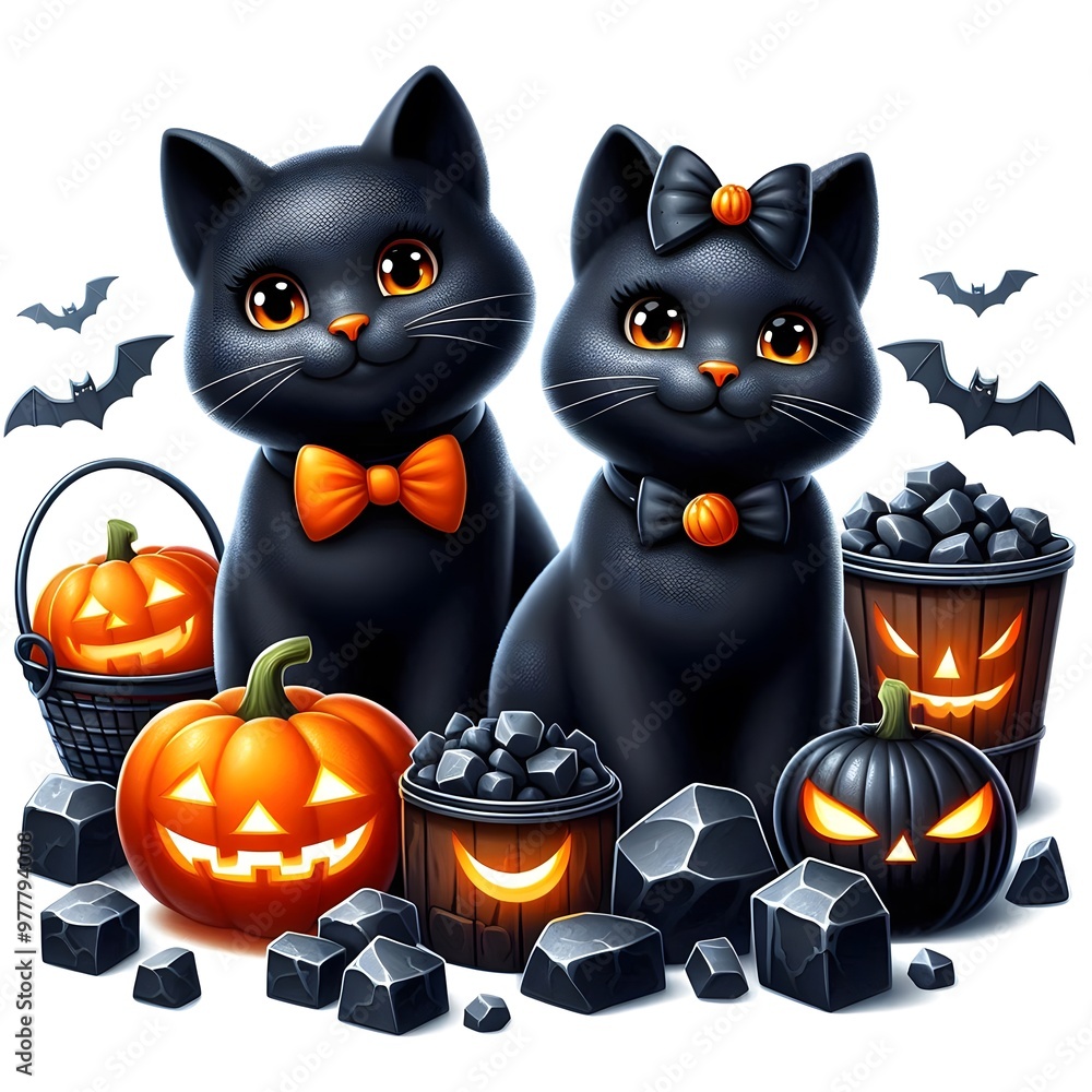 Fototapeta premium Halloween coal black cats with pumpkin 3d vector illustration isolated on white background