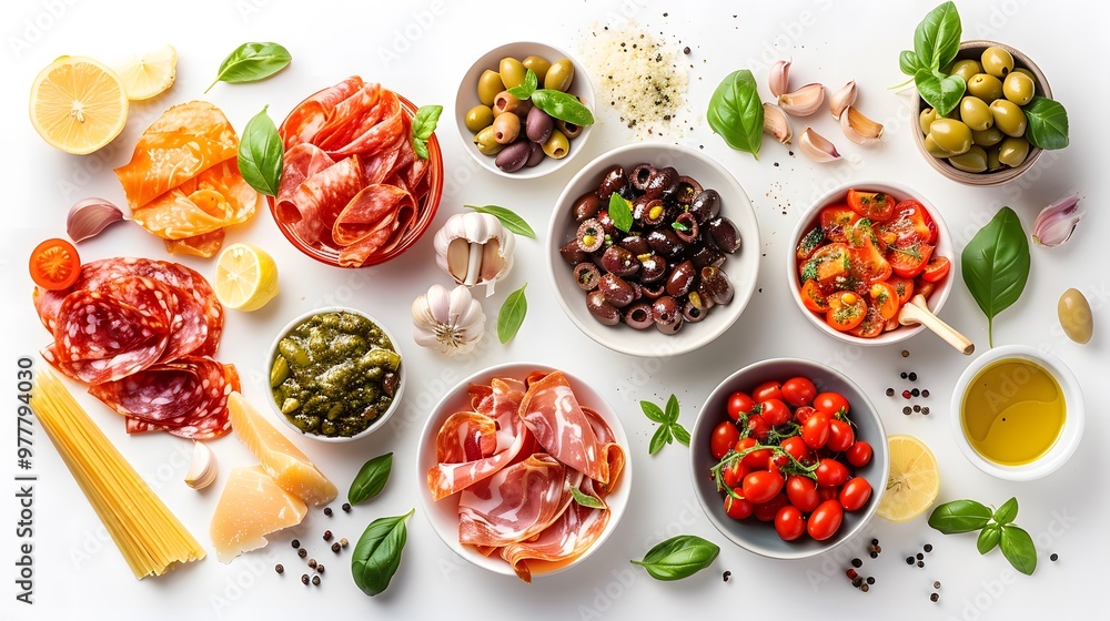 Italian antipasto platter with assorted cured meats, olives, tomatoes, and cheese on a white background. Flat lay composition for food photography, recipe design, or Mediterranean cuisine marketing. Italian antipasto platter with assorted cured meats, olives, tomatoes, and cheese on a white background. Flat lay composition for food photography, recipe design, or Mediterranean cuisine marketing.