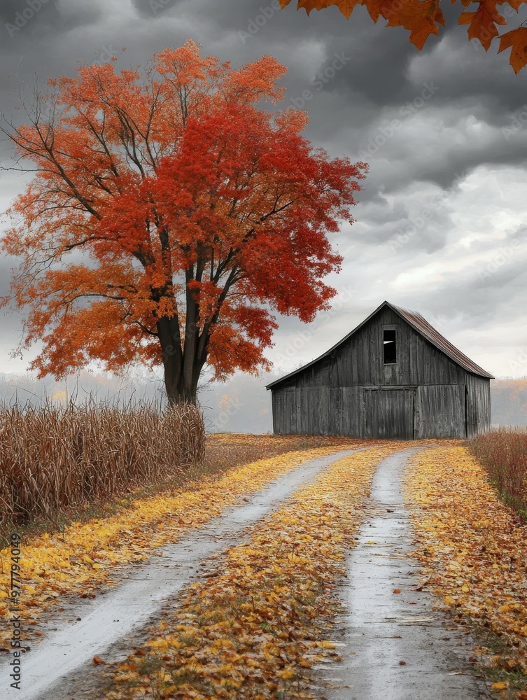 Autumn rural landscape with a weathered barn and colorful trees Autumn rural landscape with a weathered barn and colorful trees