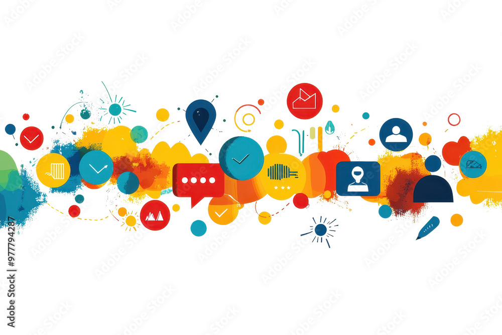 Colorful digital communication icons on abstract background, representing various technology, social media, and connectivity concepts. Colorful digital communication icons on abstract background, representing various technology, social media, and connectivity concepts.