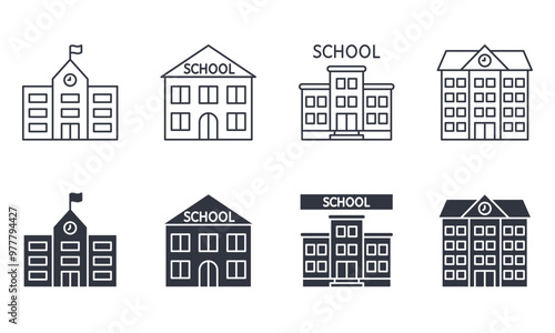 Vector icons school building. Editable stroke thin line and black solid set. Teaching children building with flag, words School and clock. Stock illustration.