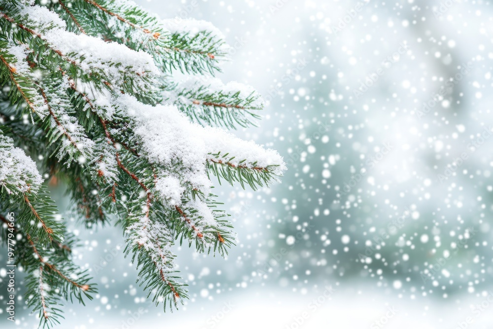 Obraz premium Stunning snow covered christmas tree branches framed by blurred falling snow and copy space