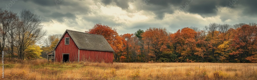 Autumn scene with a red barn and colorful foliage Autumn scene with a red barn and colorful foliage
