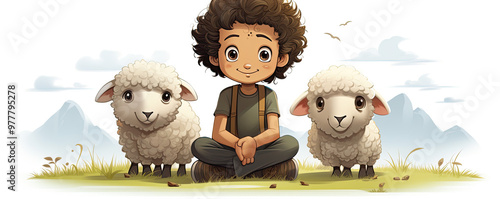 Illustrative boy with fairy sheeps on white