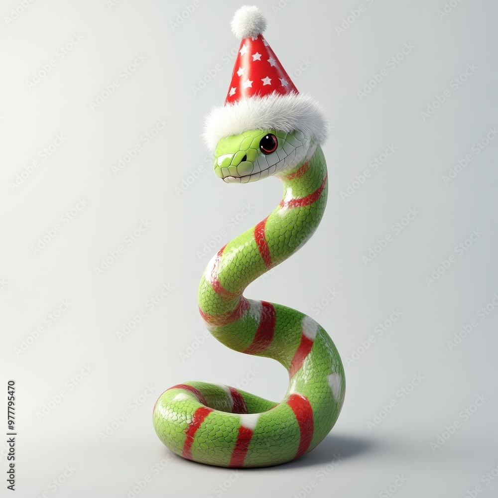 Fototapeta premium Green snake with festive Christmas Santa hat, close-up view of a cartoon-style snake in holiday decoration theme