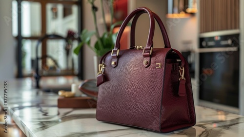 Elegant Burgundy Leather Handbag on Marble Countertop