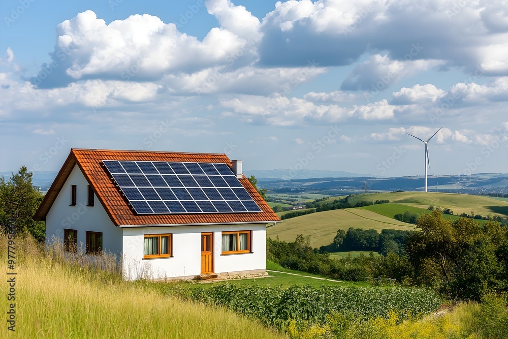 Modern Solar Panels Installed On A Rural Farmhouse, Solar Photography, Solar Powered Clean Energy, Sustainable Resources, Electricity Source, Rural Farmhouse Solar Installation Modern Solar Panels Installed On A Rural Farmhouse, Solar Photography, Solar Powered Clean Energy, Sustainable Resources, Electricity Source, Rural Farmhouse Solar Installation