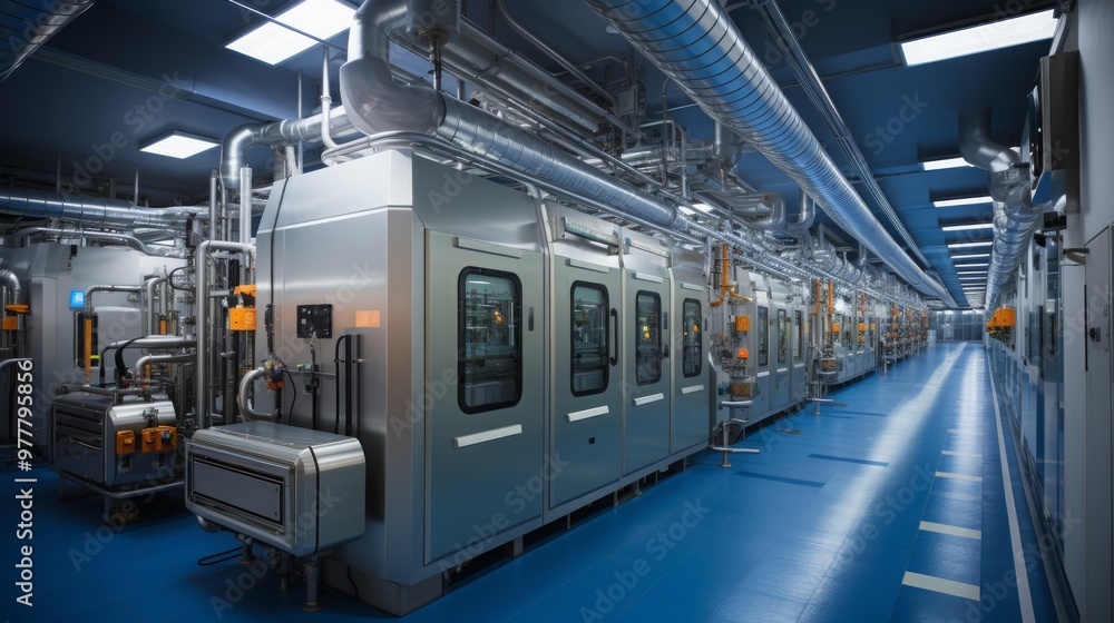 Automated food processing plant with advanced sterile equipment in operation Automated food processing plant with advanced sterile equipment in operation