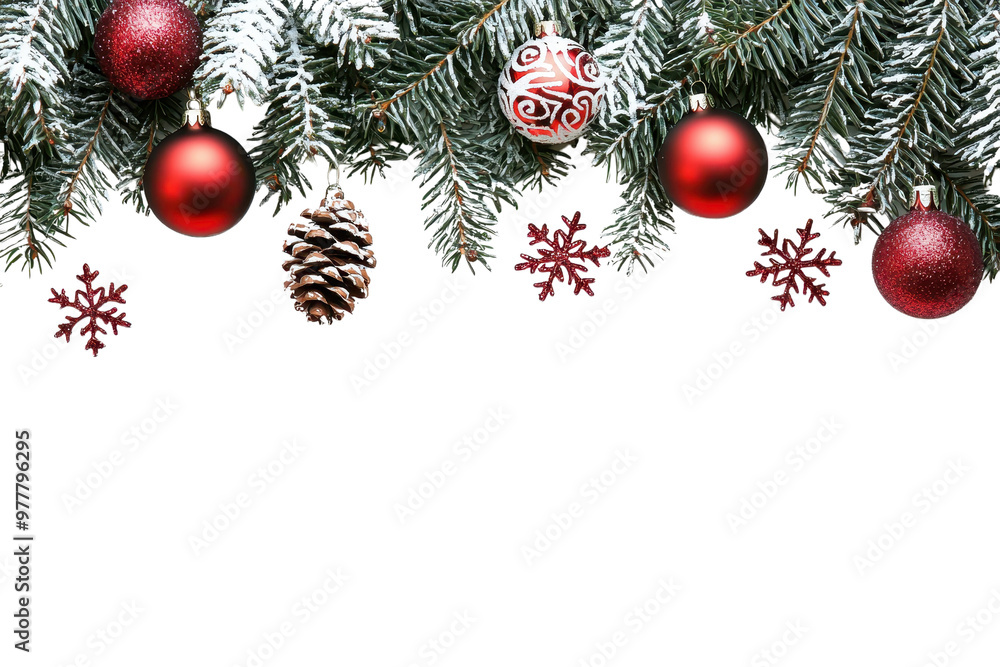 Festive Christmas decorations with red ornaments and pine cones hanging on snowy evergreen branches, perfect for holiday-themed designs. Festive Christmas decorations with red ornaments and pine cones hanging on snowy evergreen branches, perfect for holiday-themed designs.