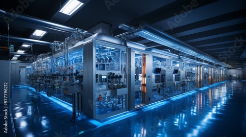 A fully automated food processing plant operating in a sterile environment at night