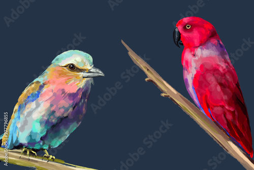 Lilac-Breasted Roller Scarlet Macaw Watercolor Illustration Colorful Tropical Birds Artistic Painting Vibrant Exotic Wildlife Digital Art Decorative Design Home Decor Poster Print Textile Pattern