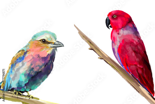 Lilac-Breasted Roller Scarlet Macaw Watercolor Illustration Colorful Tropical Birds Artistic Painting Vibrant Exotic Wildlife Digital Art Decorative Design Home Decor Poster Print Textile Pattern