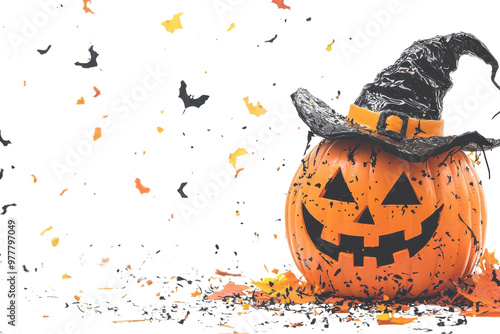 Halloween pumpkin with a witch hat surrounded by floating leaves and sparkles, perfect for festive fall celebrations and spooky decor. photo