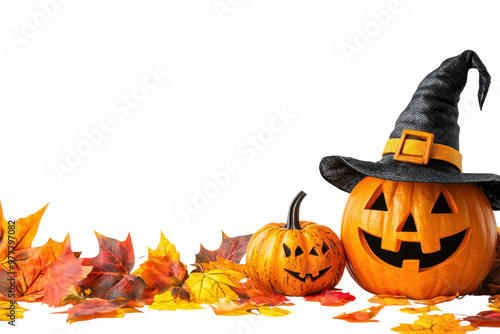 Halloween pumpkins with carved faces and witch hat surrounded by autumn leaves, isolated on transparent background. perfect for seasonal decorations.