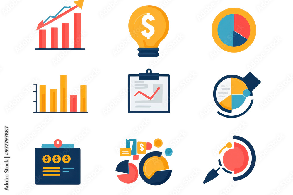 Set of colorful business and finance icons representing data analysis, growth charts, pie graphs, and financial metrics. Set of colorful business and finance icons representing data analysis, growth charts, pie graphs, and financial metrics.