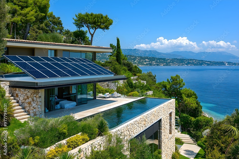 Obraz premium Solar Panels Installed On A Luxury Villa In The French Riviera, Solar Photography, Solar Powered Clean Energy, Sustainable Resources, Electricity Source, French Riviera Coast Solar Installation