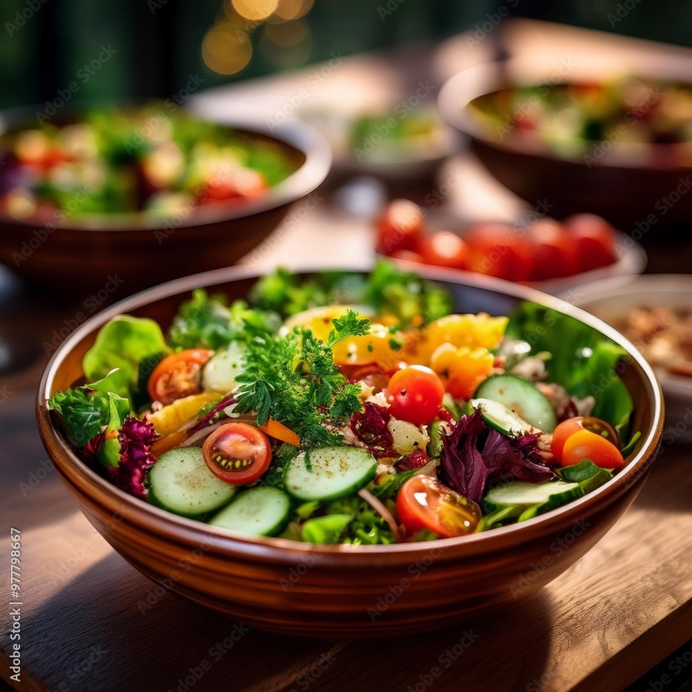 Rustic lunch salads with depth of field showcasing fresh greens, vegetables, and hearty toppings Rustic lunch salads with depth of field showcasing fresh greens, vegetables, and hearty toppings