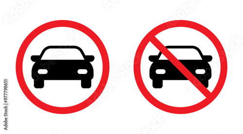 Vector icon no parking. Parking regulation sign. Car in red prohibiting circle. Road signs and symbols. Editable stroke line and solid set. Red and black colors.