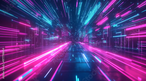 Wallpaper Mural “3D illustration of a digital technology metaverse background featuring neon blue and pink hues. Highlights abstract concepts of cyber information, high-speed connectivity, and future innovations  Torontodigital.ca