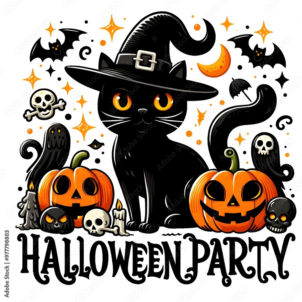 Halloween party black cat vector design illustration isolated on white background Halloween party black cat vector design illustration isolated on white background