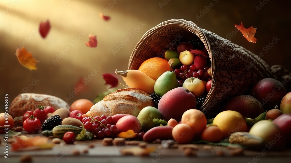 A beautiful assortment of fresh fruits spilling from a woven basket, illuminated by soft light, evoking warmth and abundance. A beautiful assortment of fresh fruits spilling from a woven basket, illuminated by soft light, evoking warmth and abundance.