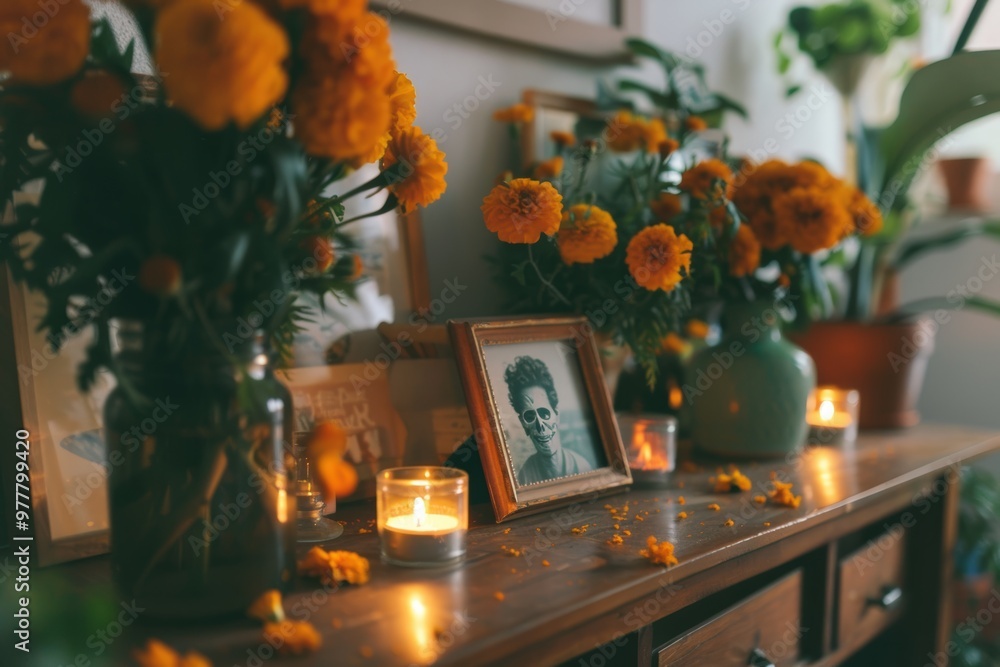Minimalistic Día de los Muertos Ofrenda with Marigolds, Candles, and Framed Photograph for Home Decor Minimalistic Día de los Muertos Ofrenda with Marigolds, Candles, and Framed Photograph for Home Decor