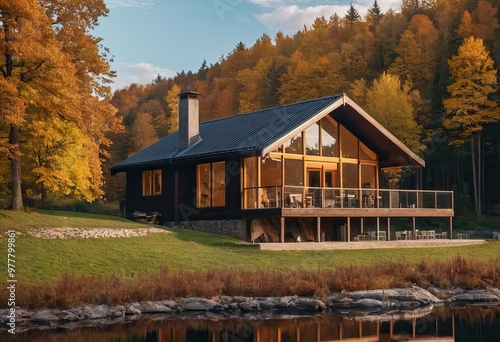 A large and beautiful house is located next to a body of water