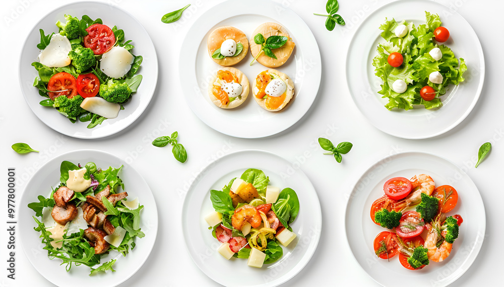 set of plates of food isolated on a white background, top view set of plates of food isolated on a white background, top view