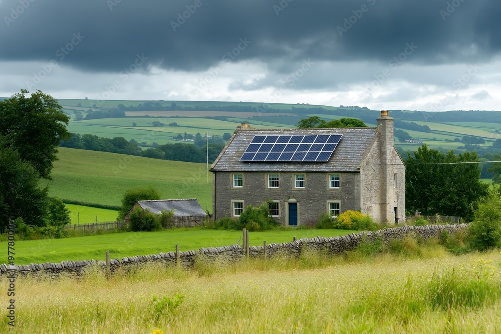 Solar Panels Installed On A Rural Farmhouse In The English Countryside, Solar Photography, Solar Powered Clean Energy, Sustainable Resources, Electricity Source, England Solar Installation Solar Panels Installed On A Rural Farmhouse In The English Countryside, Solar Photography, Solar Powered Clean Energy, Sustainable Resources, Electricity Source, England Solar Installation