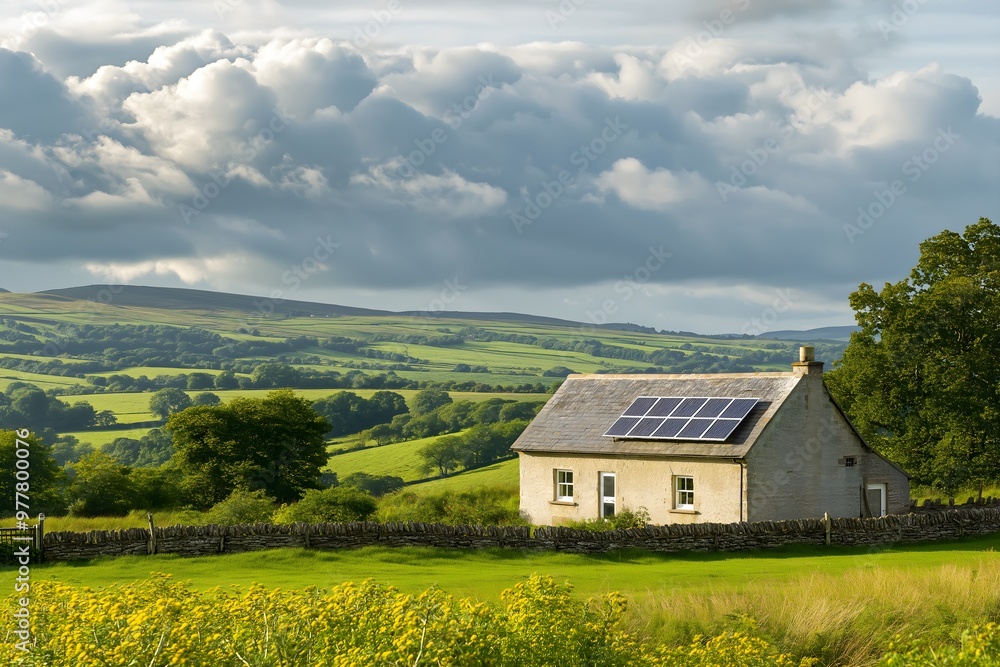 Obraz premium Solar Panels Installed On A Rural Farmhouse In The English Countryside, Solar Photography, Solar Powered Clean Energy, Sustainable Resources, Electricity Source, England Solar Installation