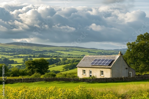 Solar Panels Installed On A Rural Farmhouse In The English Countryside, Solar Photography, Solar Powered Clean Energy, Sustainable Resources, Electricity Source, England Solar Installation