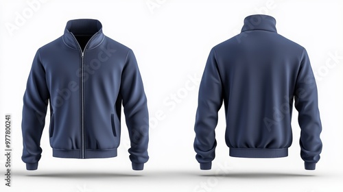 navy blue tracksuit top, jacket design, sportswear, track front, side and back views, 3d illustration, 3d rendering 